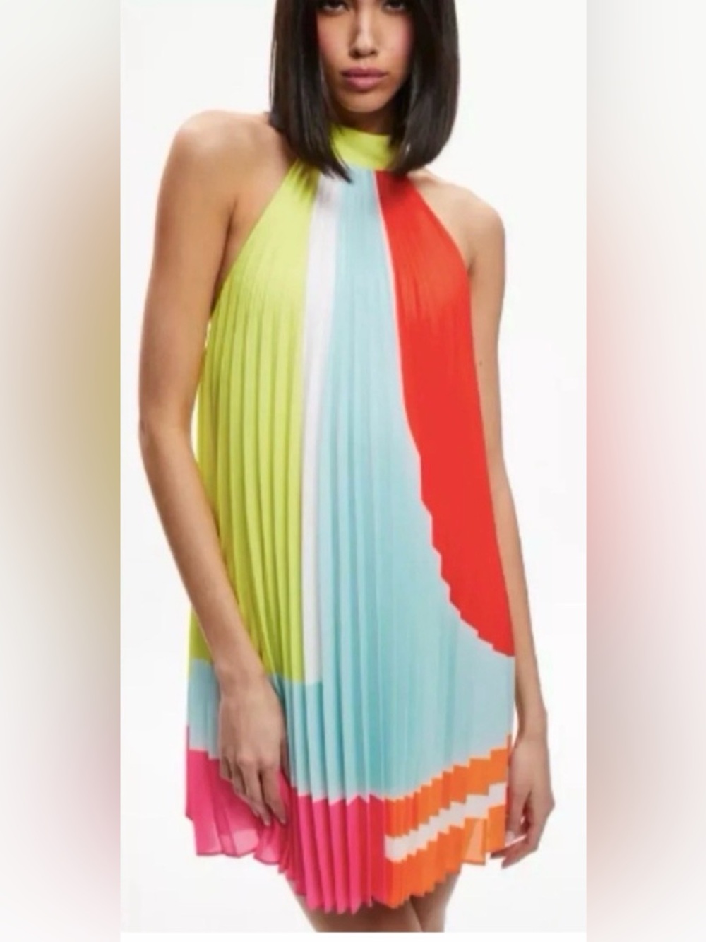 Alice + Olivia Multicolor Pleated Halter Low Back Dress